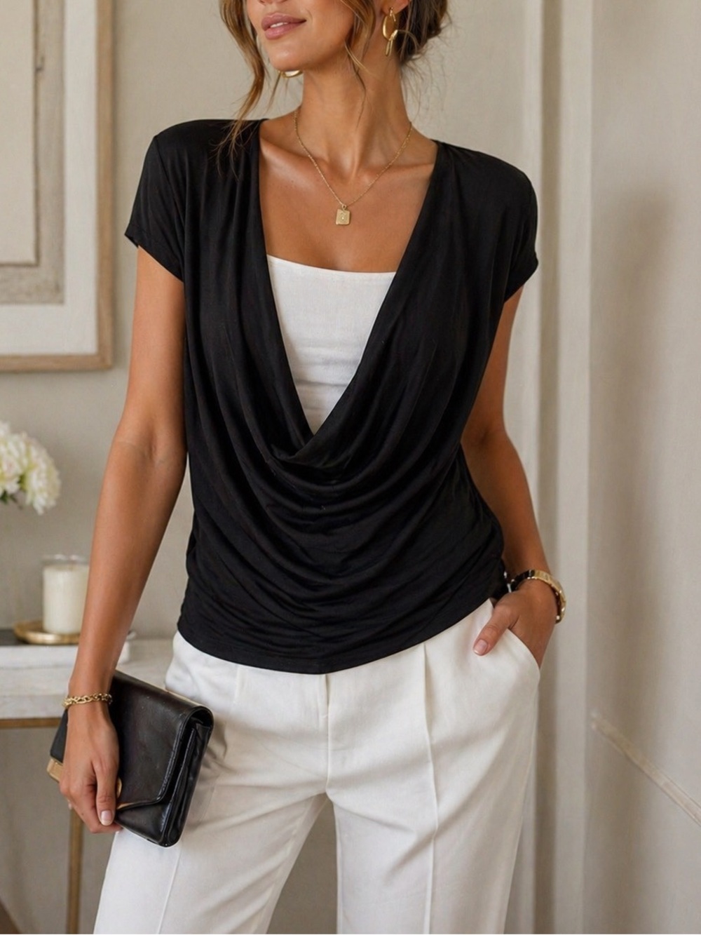 Vintage Y2K Double Take Black Cowl Neck Top Size L Draped Minimalist Chic